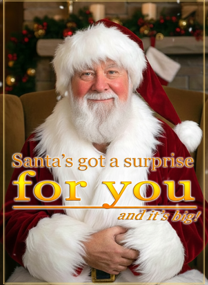Papai Noel com um sorriso safado dizendo que tem uma surpresa grande